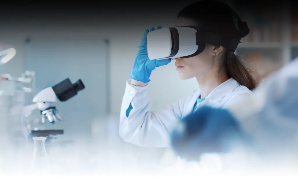 Woman in a lab dressed in white wearing a VR headset