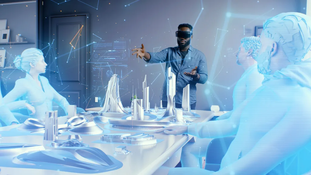 Man wearing VR headset, showing a group of virtual stakeholders a digital representation of a futuristic city