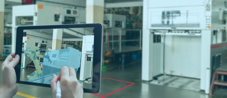 A user in a facility is using Augmented Reality and Digital Twin technology. He is holding a tablet in front of an equipment.