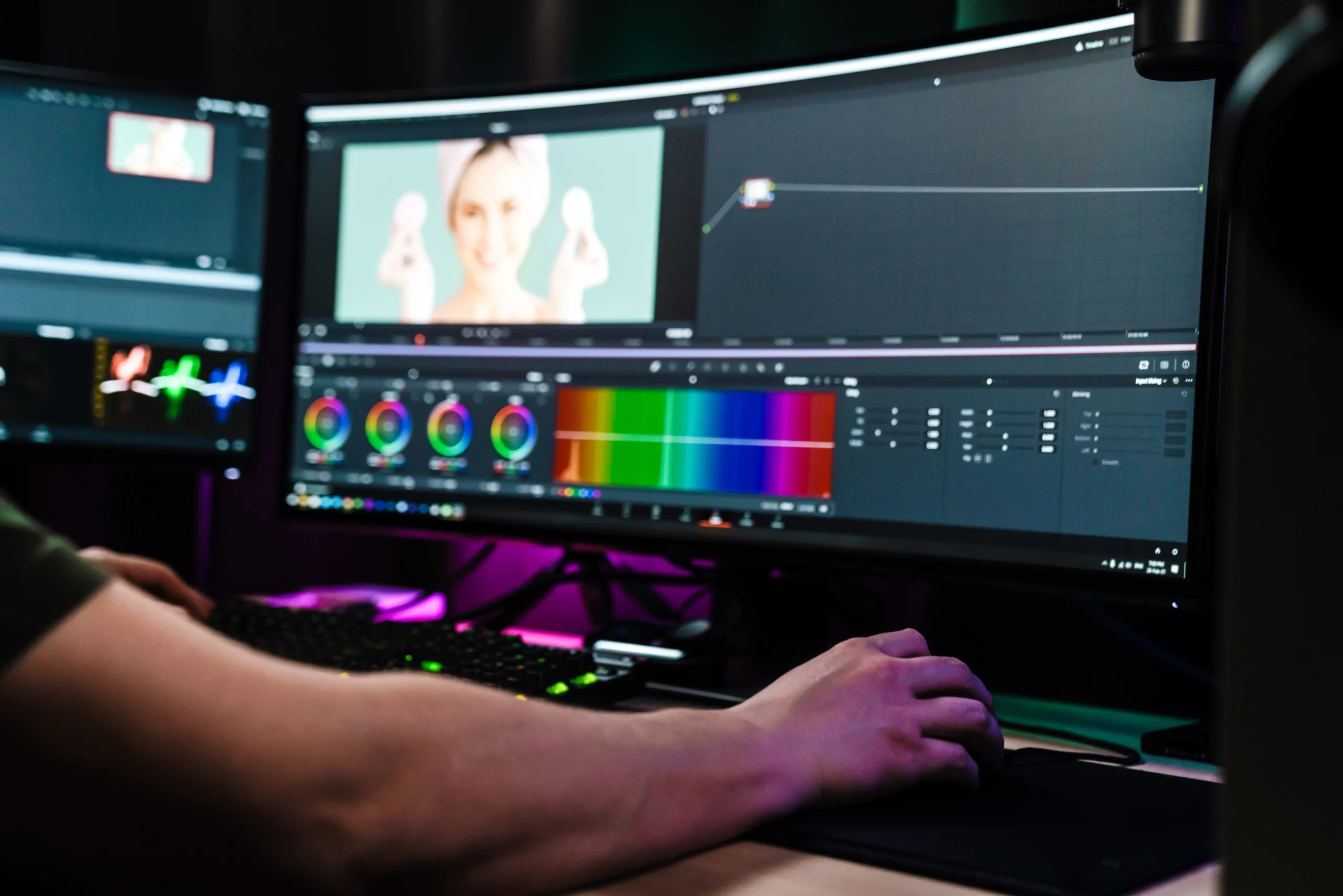 Back view of a young man video editor